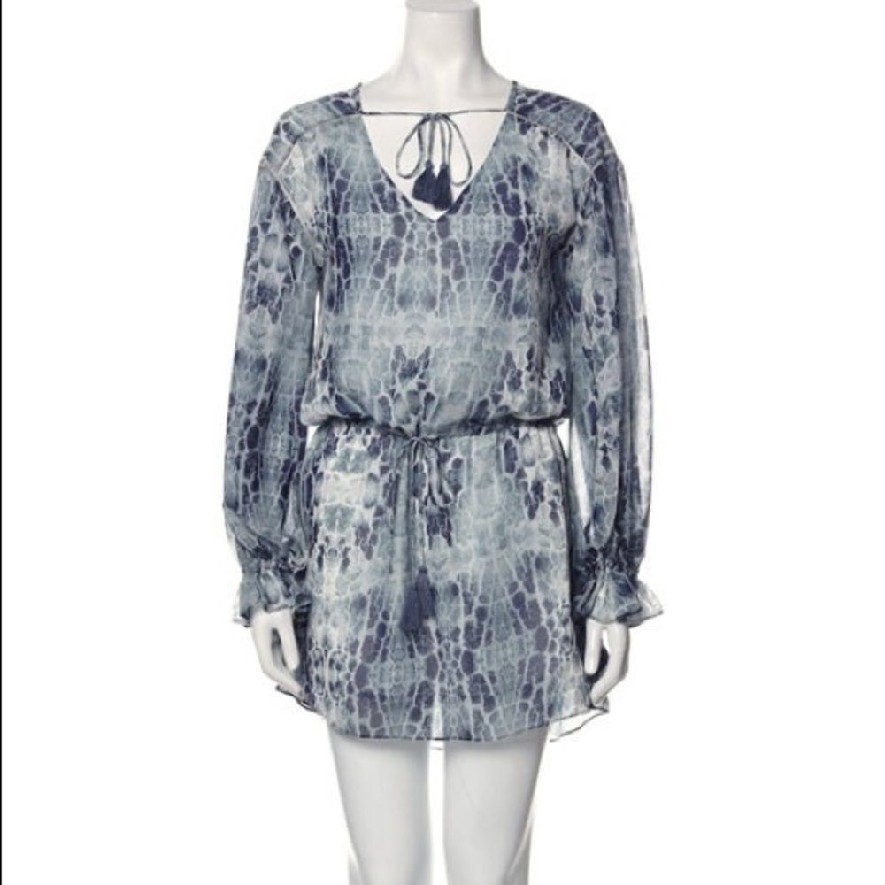 HAUTE HIPPIE Blue Tie Dye V-Neck Long Sleeve Mini Dress XS